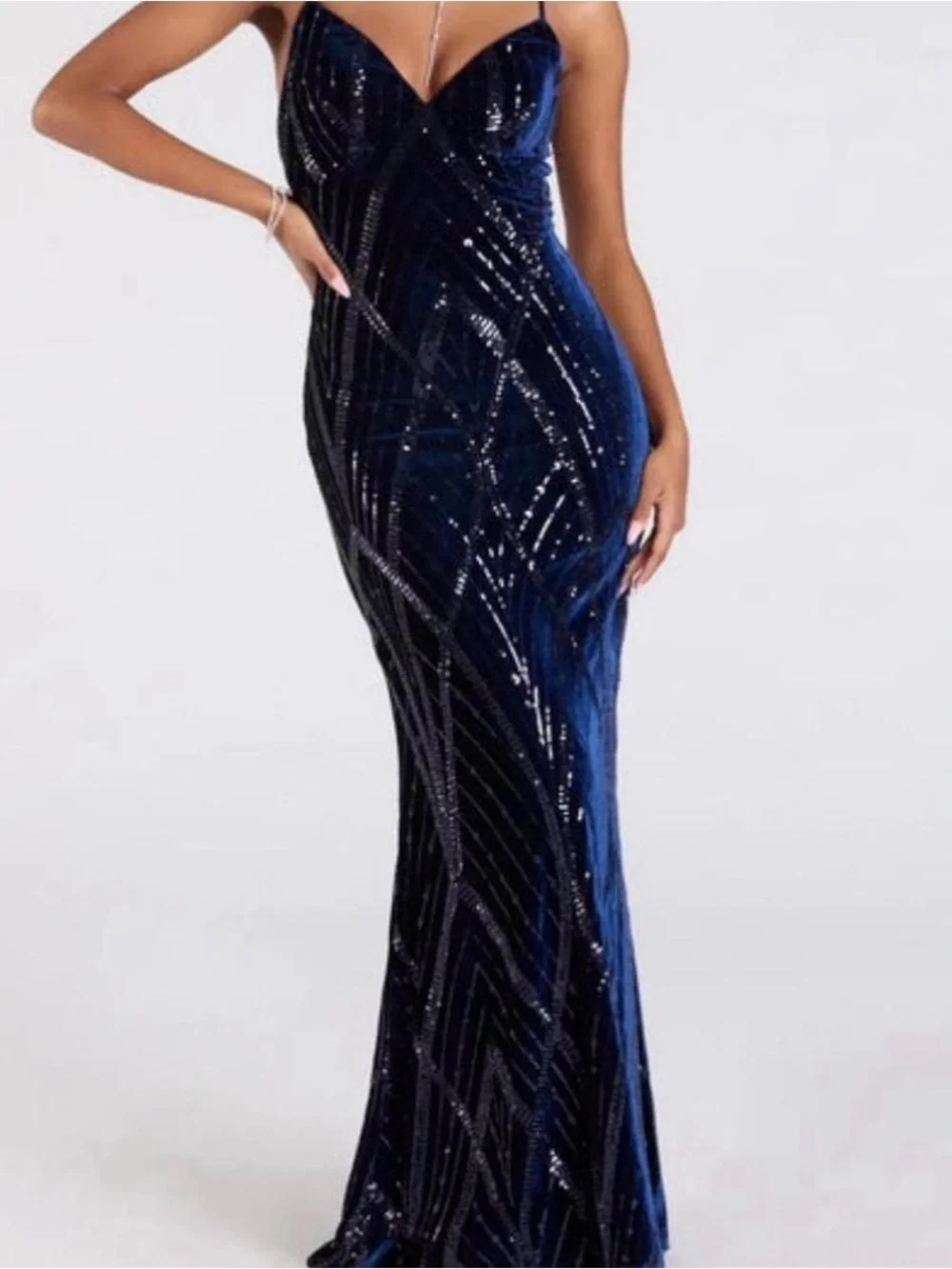 Windsor Navy Sequin Velvet Spaghetti Strap Gown